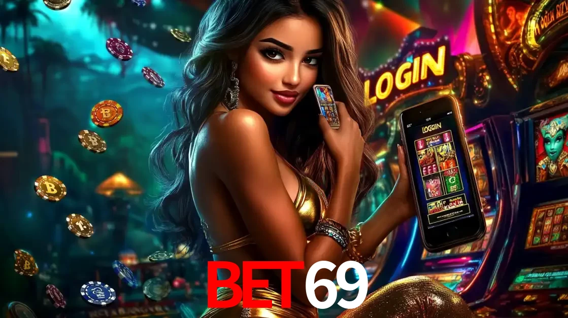 Mulher em um cenário de cassino temático de aventura, mostrando o app de caça-níqueis da bet69 no celular. Fichas de apostas flutuam ao redor.