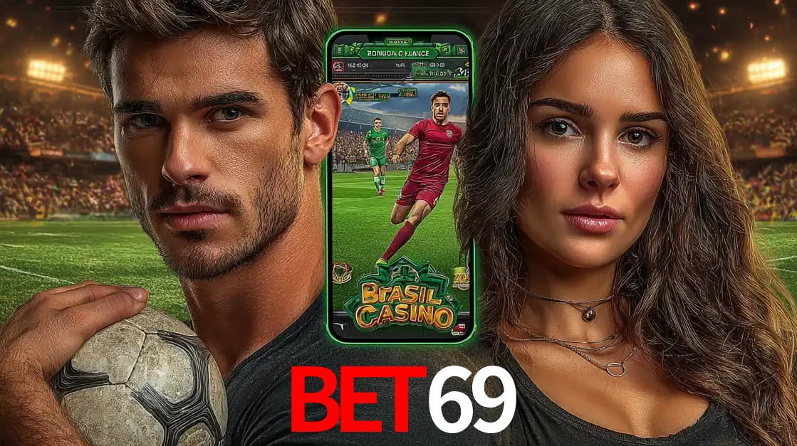 Homem segurando uma bola de futebol e uma mulher ao lado de um smartphone exibindo o jogo de apostas esportivas da bet69. Faça seu palpite no cassino online.